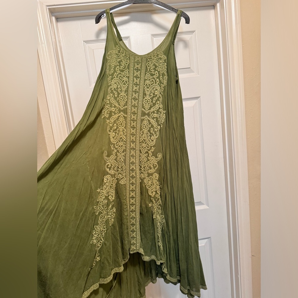 Johnny Was Olive Green Embroidered High-Low Dress